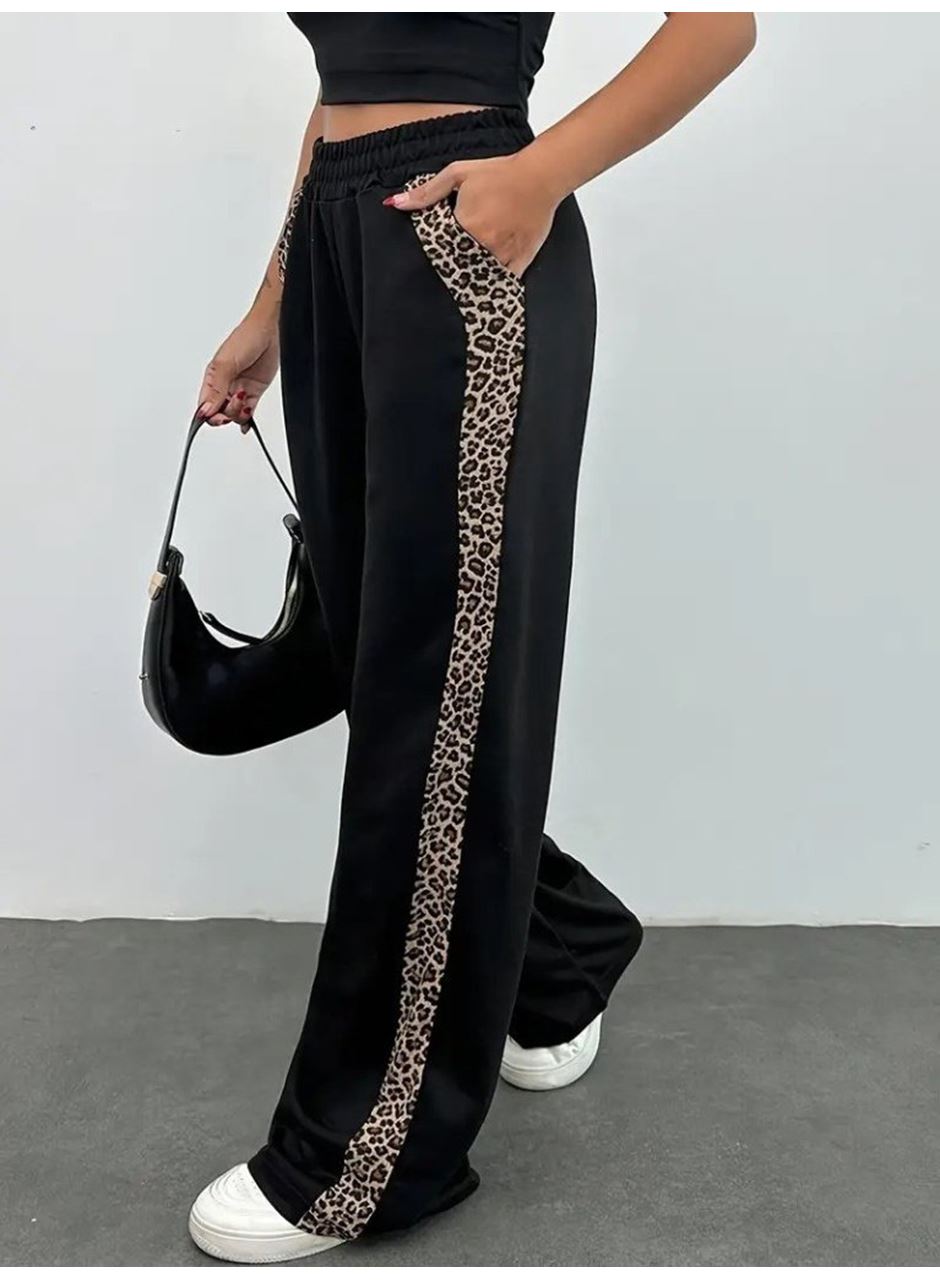 Kadın Yüksek Bel Bağcıklı Yanları Leopar Desenli Viskon Iki Iplik Pantolon
