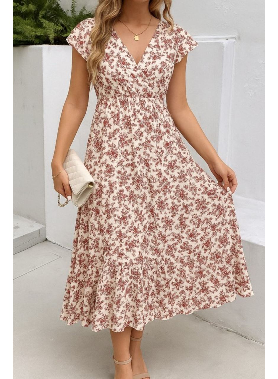 Kadın Kısa Kollu Kruvaze Yaka Beli Lastikli çiçek Desenli Elbise
