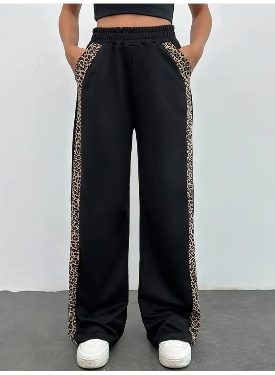 Kadın Yüksek Bel Bağcıklı Yanları Leopar Desenli Viskon Iki Iplik Pantolon