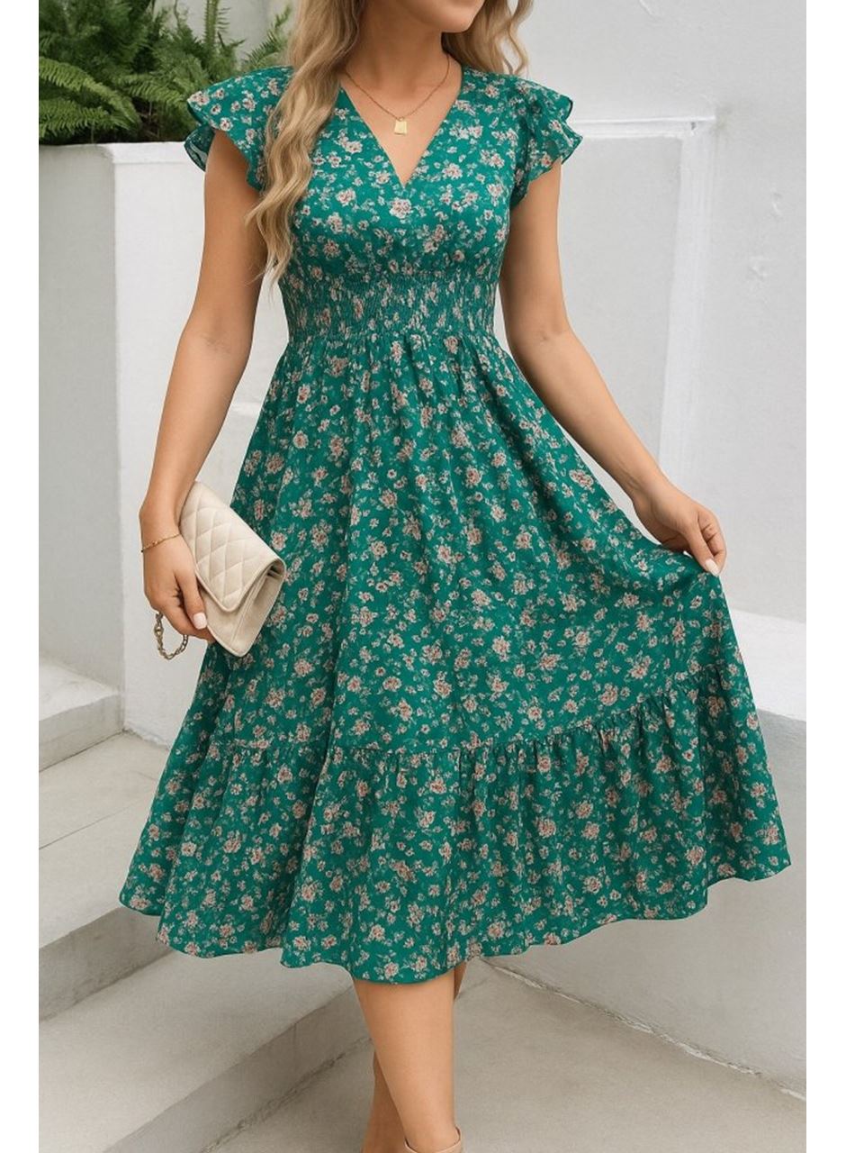 Kadın Kısa Kollu Kruvaze Yaka Beli Lastikli çiçek Desenli Elbise