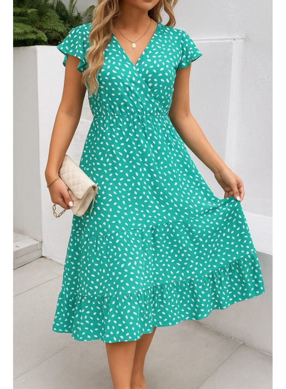 Kadın Kısa Kollu Kruvaze Yaka Beli Lastikli çiçek Desenli Elbise