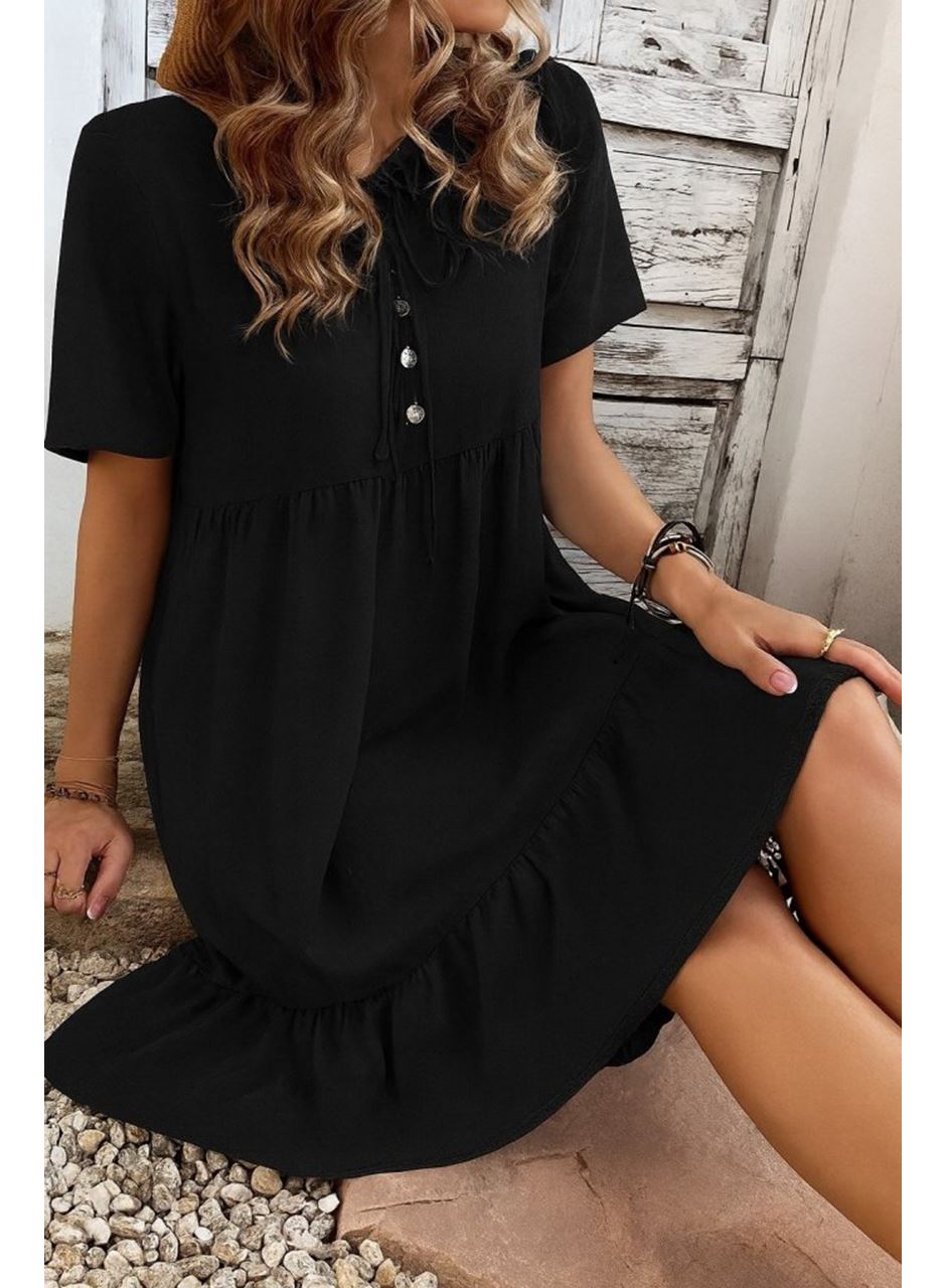 Kadın Kısa Kollu Yakası Bağcıklı önden Düğmeli Fırfır Desenli Süprem Elbise