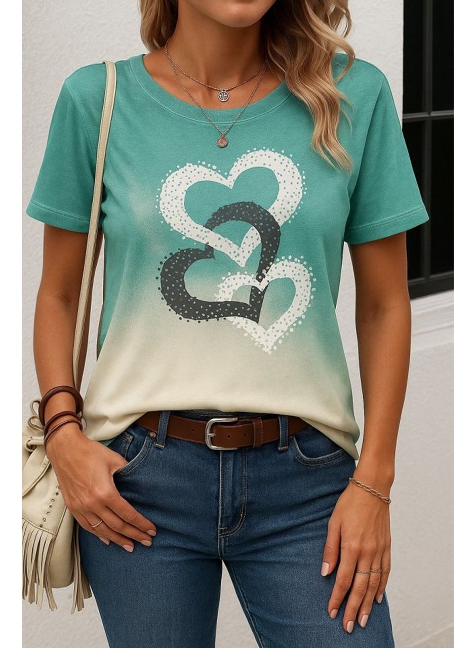 Kadın Kısa Kollu Bisiklet Yaka Kalp Baskılı Süprem Bluz