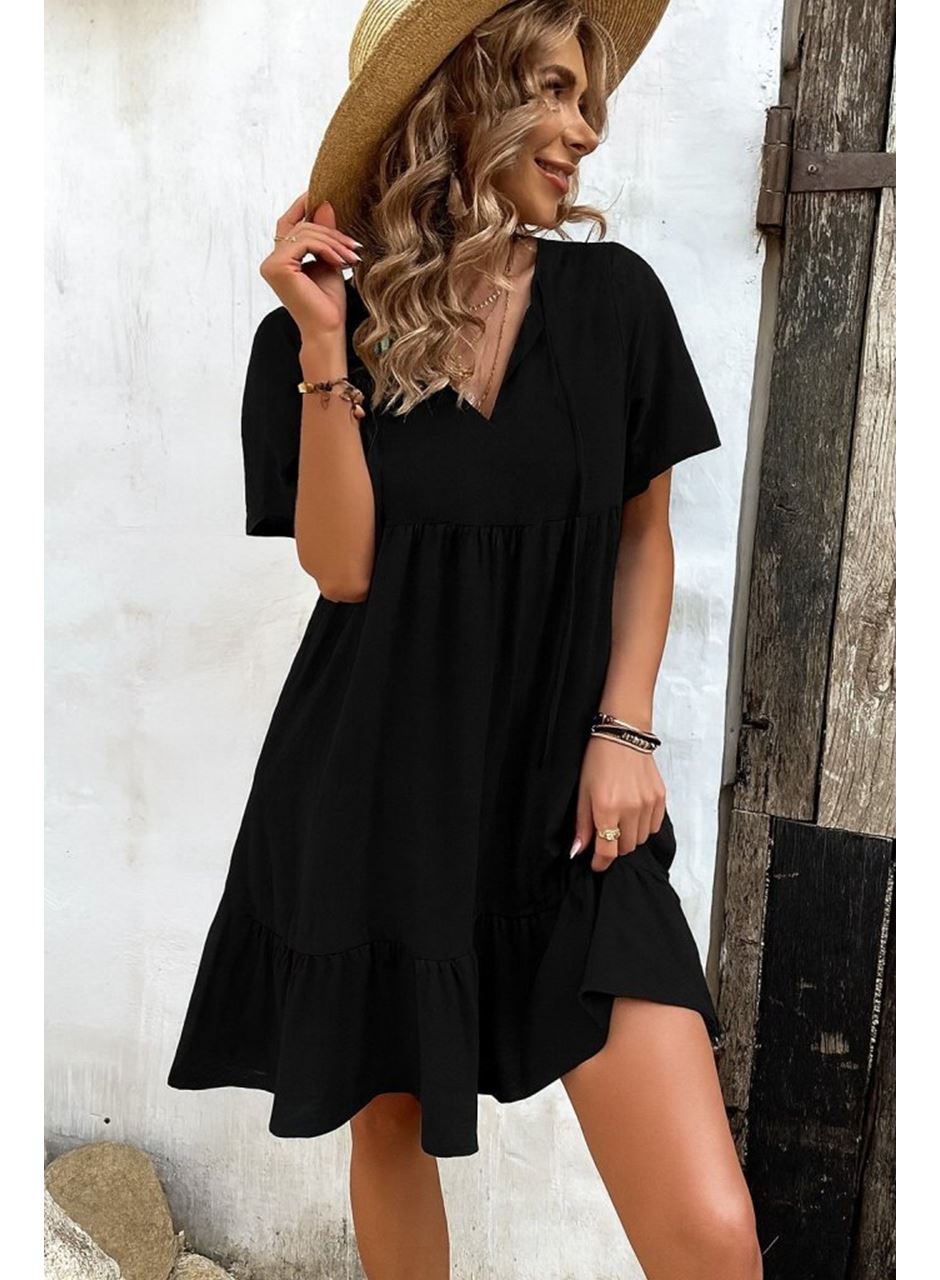 Kadın Kısa Kollu Yakası Bağcıklı önden Düğmeli Fırfır Desenli Süprem Elbise