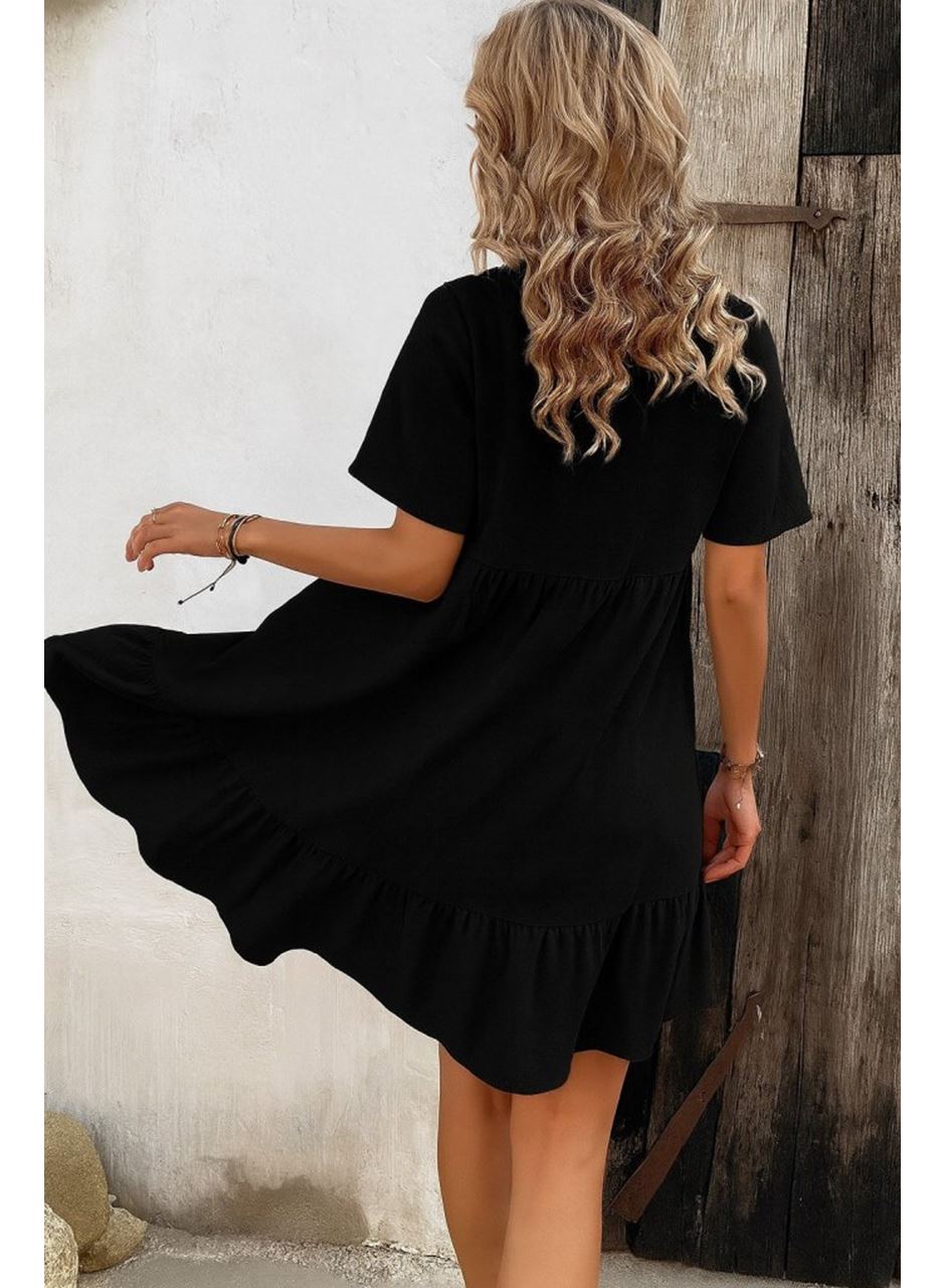 Kadın Kısa Kollu Yakası Bağcıklı önden Düğmeli Fırfır Desenli Süprem Elbise