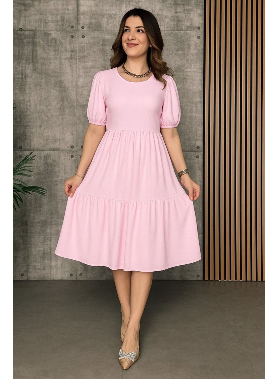 Kadın Kısa Kollu Yakası Açık Katlı Bürümcük Balon Elbise