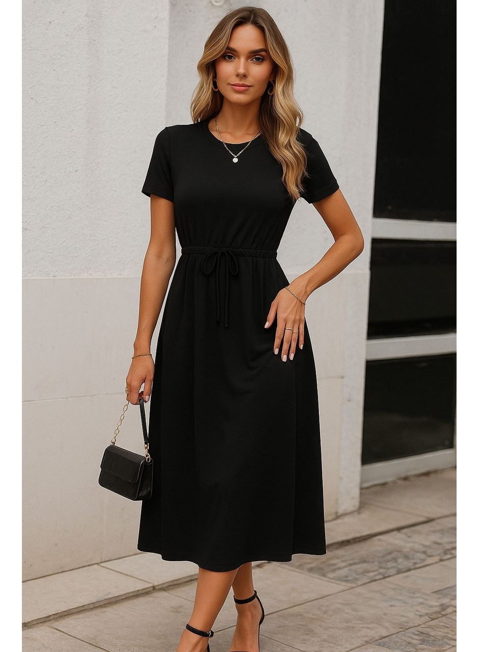 Kadın Kısa Kollu Bisiklet Yaka Belden Bağlamalı önü Bağcık Detaylı Maksi Boy Viskon Elbise