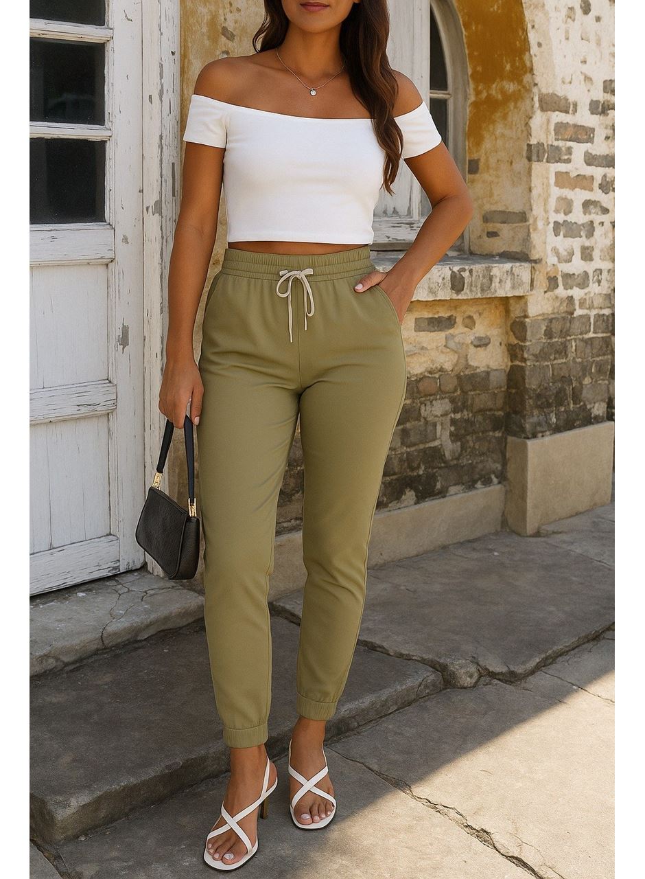 Kadın Kısa Kollu Madonna Yaka Viskon Crop Bluz Cepli Iki Iplik Eşofman Takım