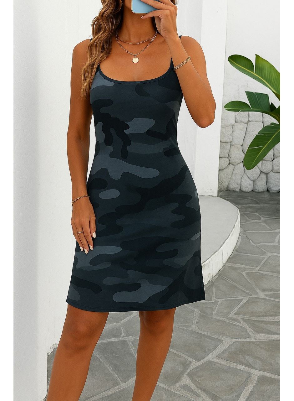 Kadın Ip Askılı Kamuflaj Baskılı Viskon Elbise