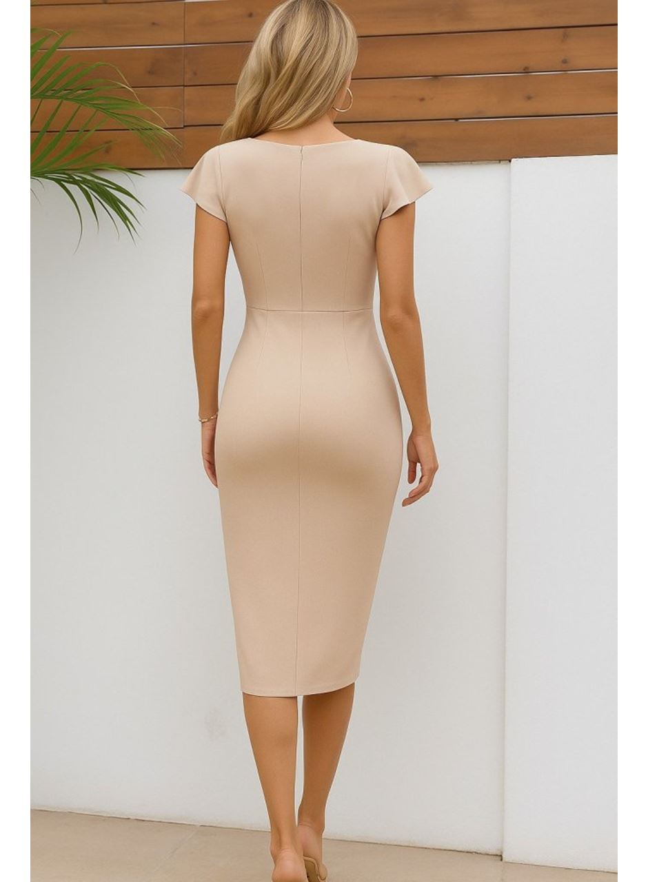 Kadın Kısa Kollu Kalp Yaka Yanlardan Büzgü Detay Midi Ithal Krep Elbise