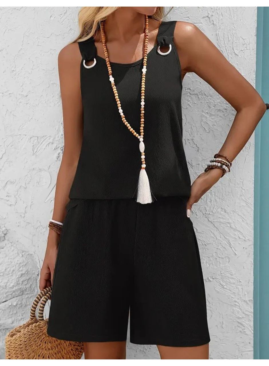 Kadın Askılı Yuvarlak Yaka Kuş Gözü Detaylı Bürümcük Bluz Ve Short Ikili Takım