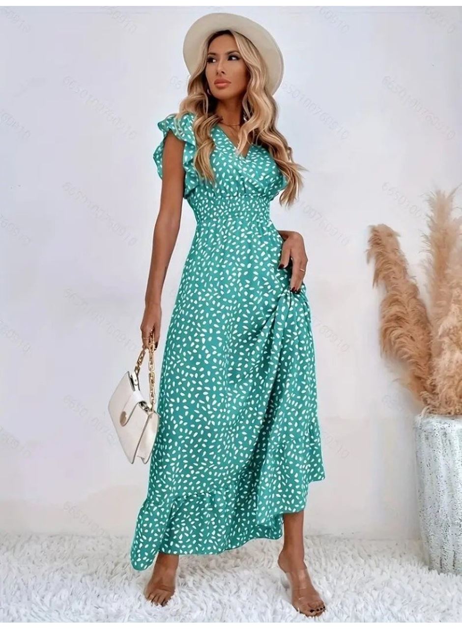 Kadın Kısa Kollu Kruvaze Yaka Beli Lastikli çiçek Desenli Elbise