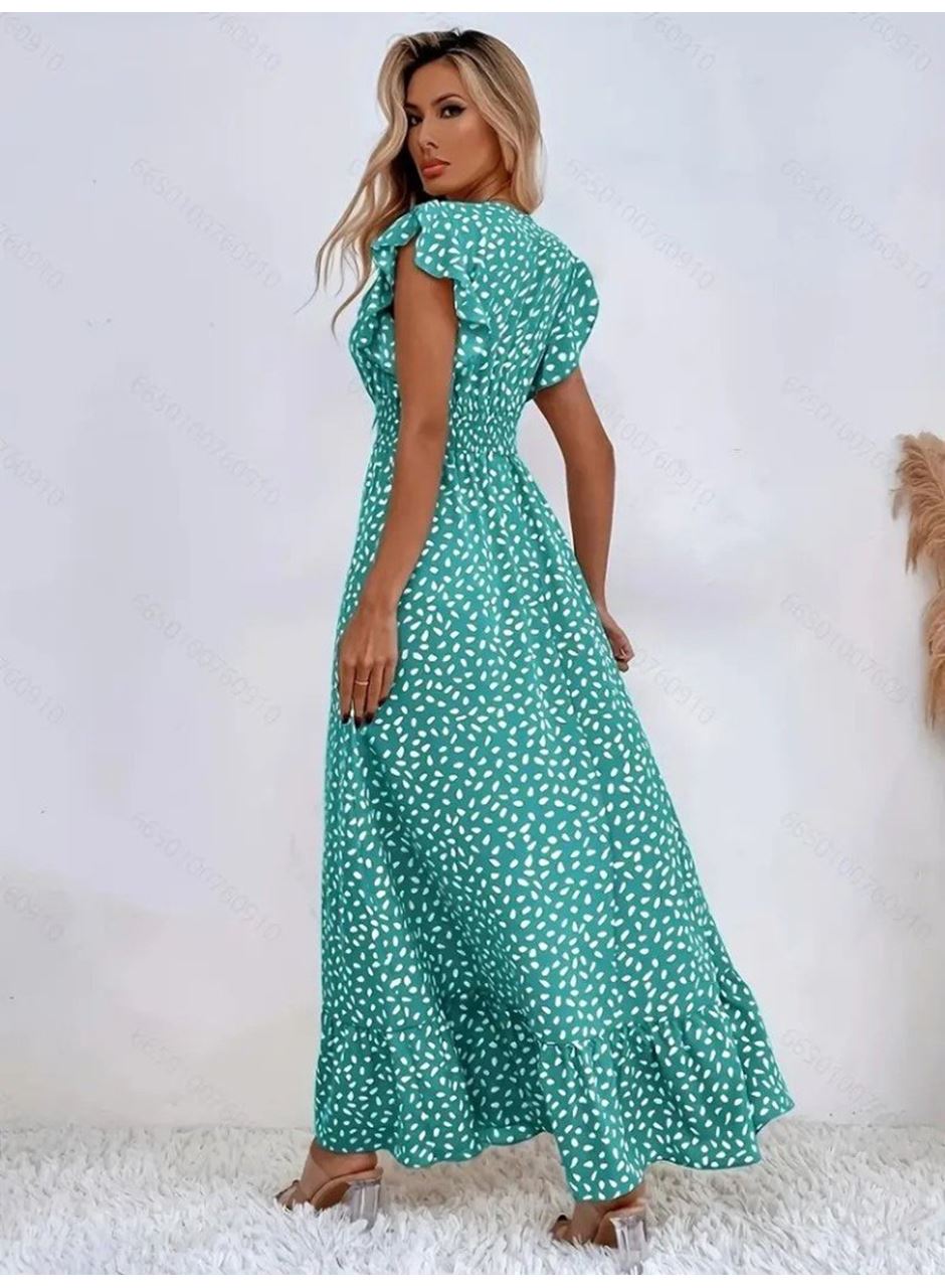 Kadın Kısa Kollu Kruvaze Yaka Beli Lastikli çiçek Desenli Elbise