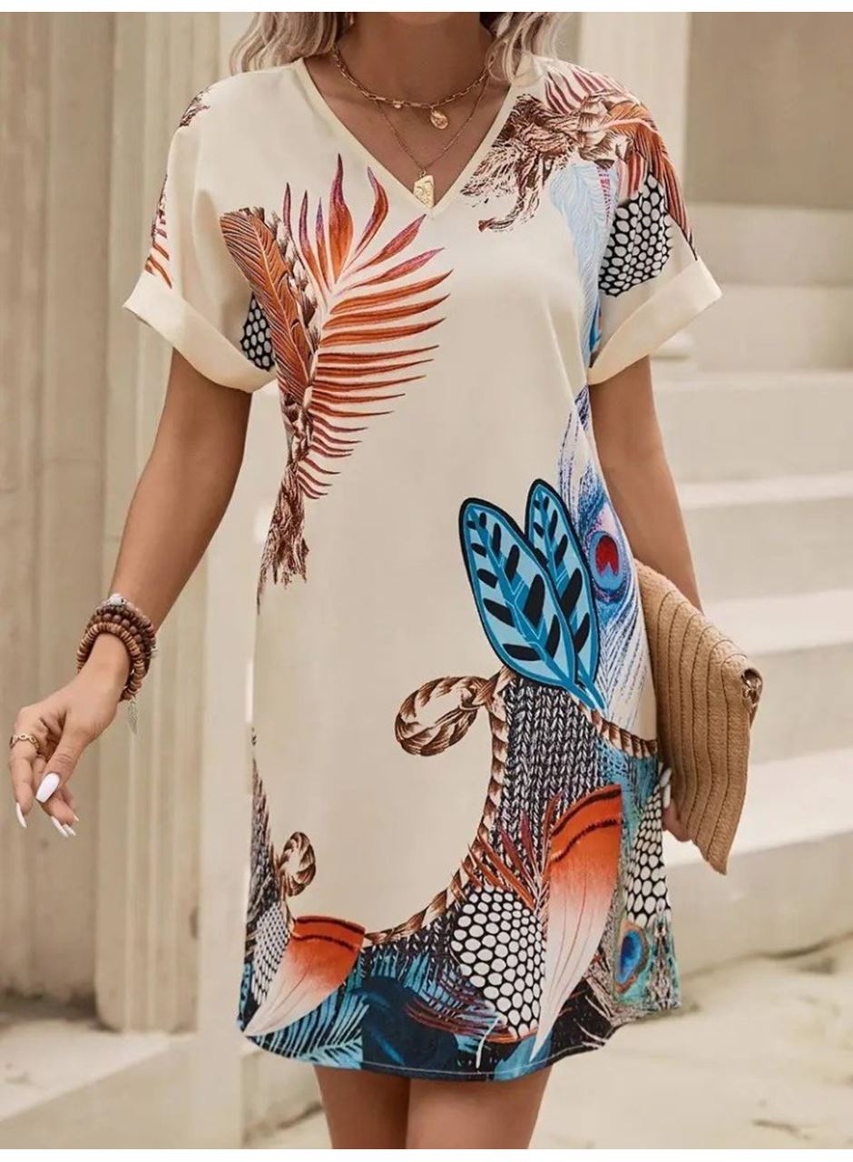 Kadın Kısa Kollu V Yakalı Desenli Mini Atlas Elbise