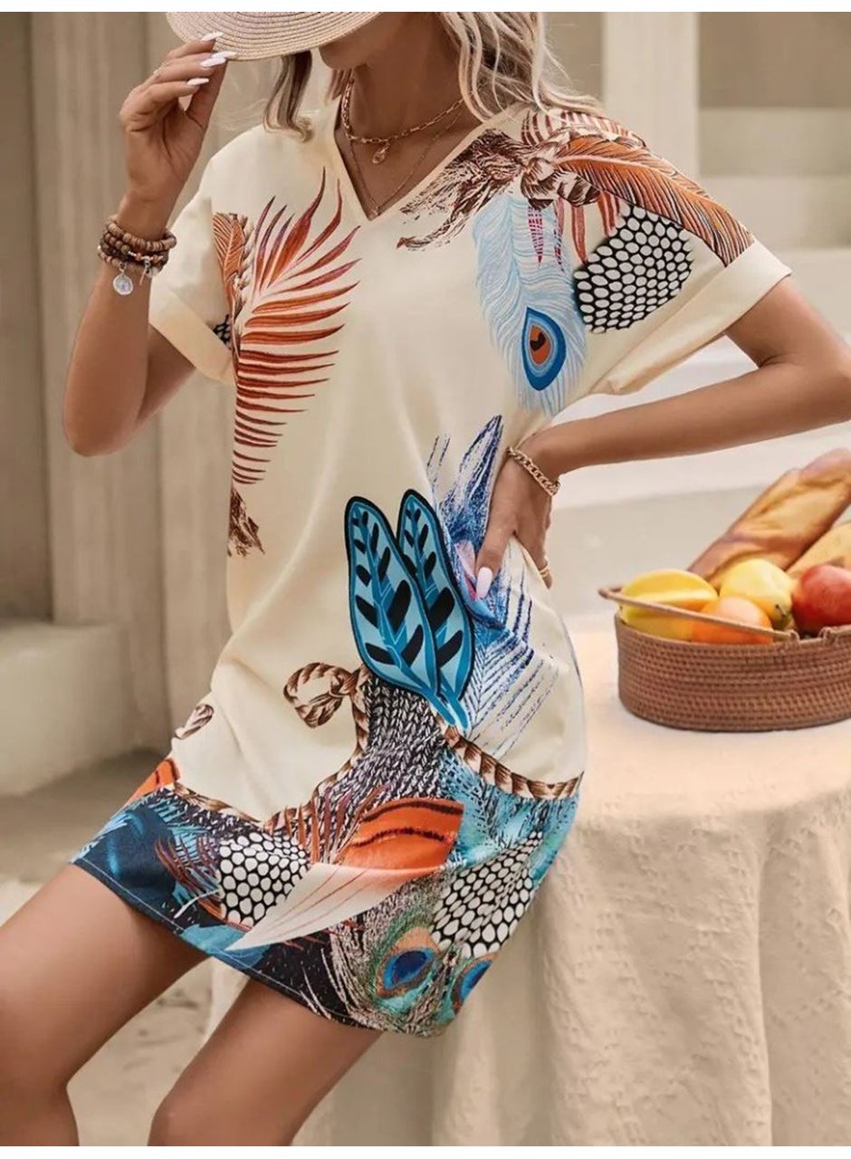 Kadın Kısa Kollu V Yakalı Desenli Mini Atlas Elbise