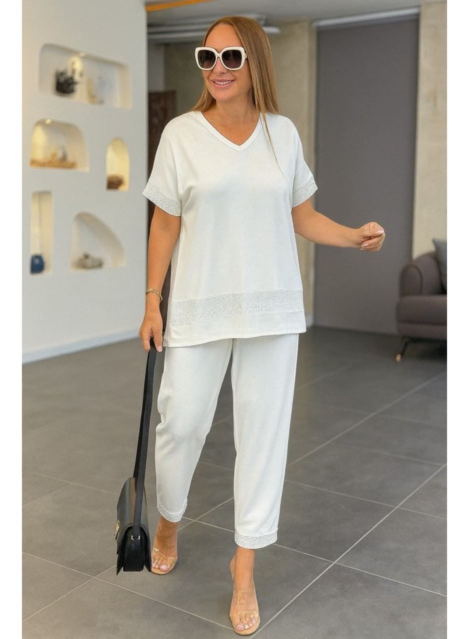 Kadın Kısa Kollu V Yakalı Pul Payetli Viskon Iki Iplik Bluz Ve Pantolon Ikili Takım