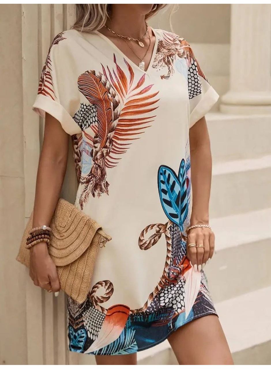 Kadın Kısa Kollu V Yakalı Desenli Mini Atlas Elbise