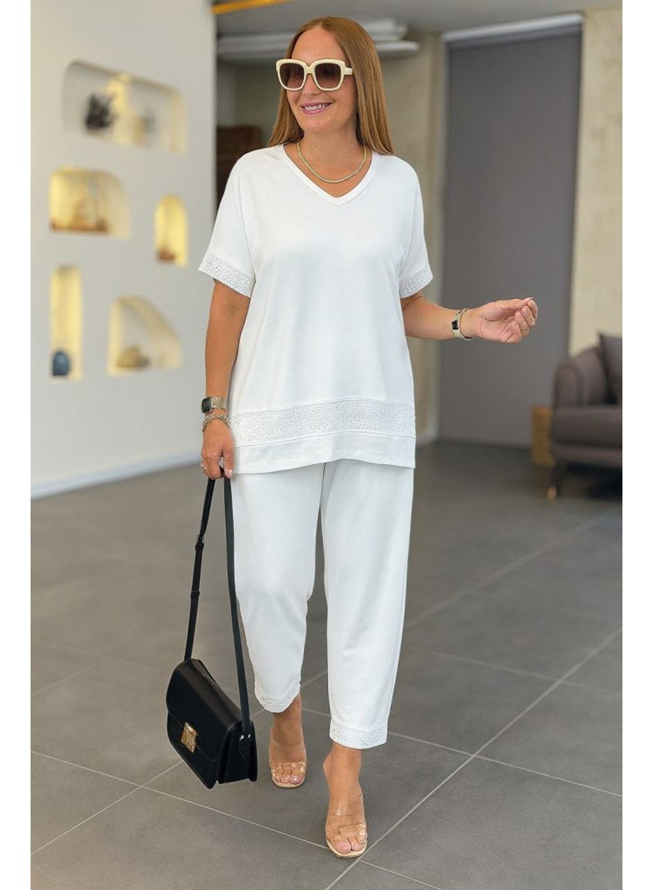 Kadın Kısa Kollu V Yakalı Pul Payetli Viskon Iki Iplik Bluz Ve Pantolon Ikili Takım