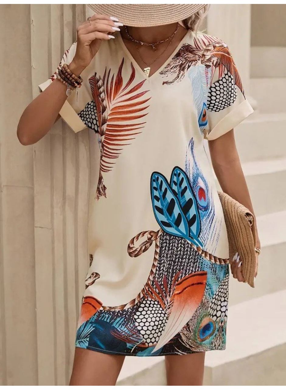 Kadın Kısa Kollu V Yakalı Desenli Mini Atlas Elbise