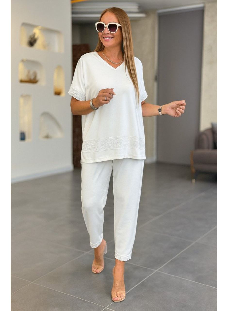 Kadın Kısa Kollu V Yakalı Pul Payetli Viskon Iki Iplik Bluz Ve Pantolon Ikili Takım