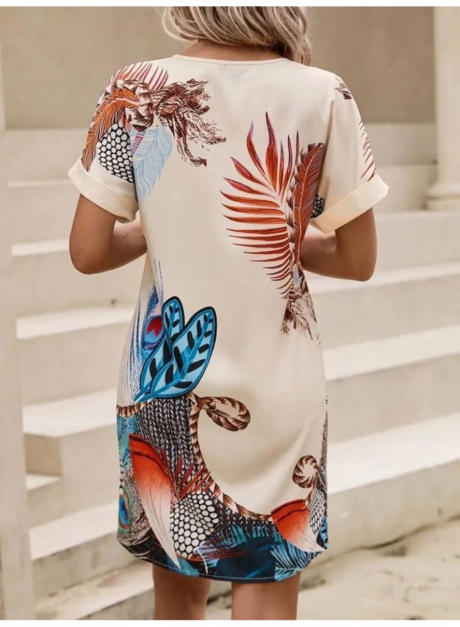 Kadın Kısa Kollu V Yakalı Desenli Mini Atlas Elbise