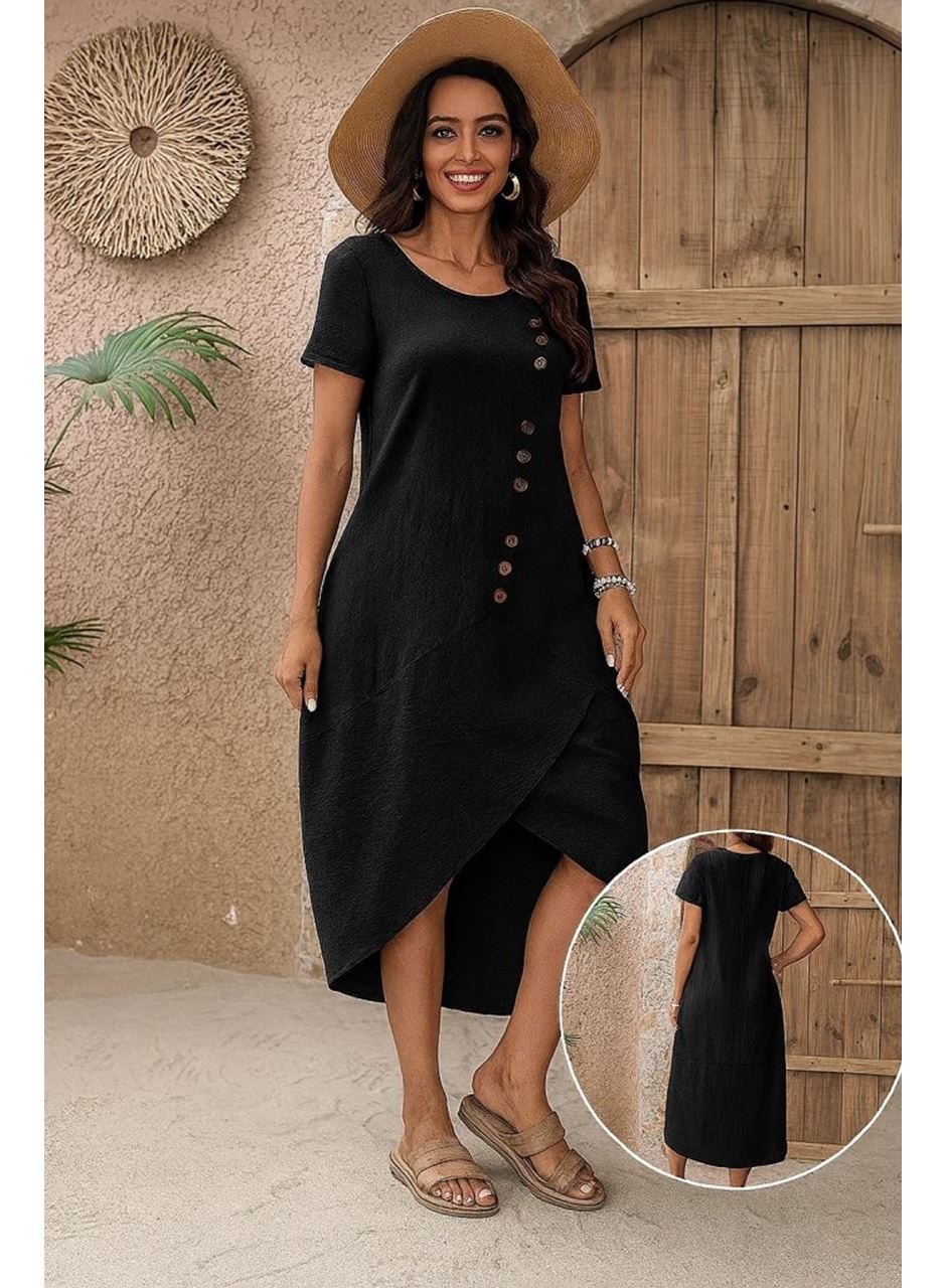 Kadın Kısa Kollu Bisiklet Yaka Düğme Detay Müslim Elbise