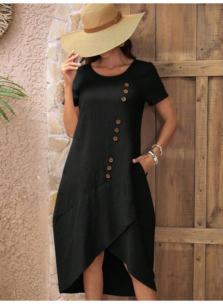 Kadın Kısa Kollu Bisiklet Yaka Düğme Detay Müslim Elbise