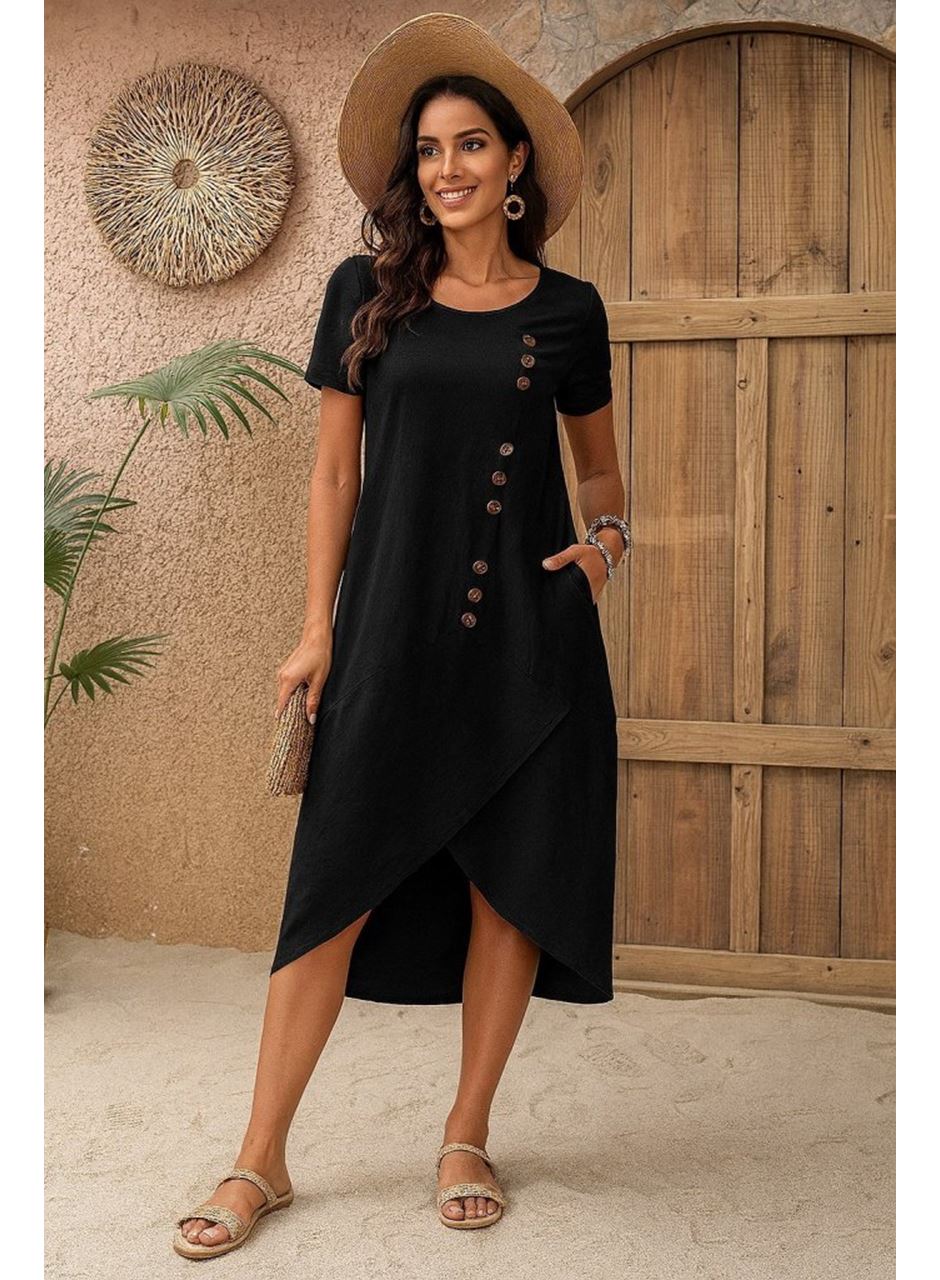 Kadın Kısa Kollu Bisiklet Yaka Düğme Detay Müslim Elbise