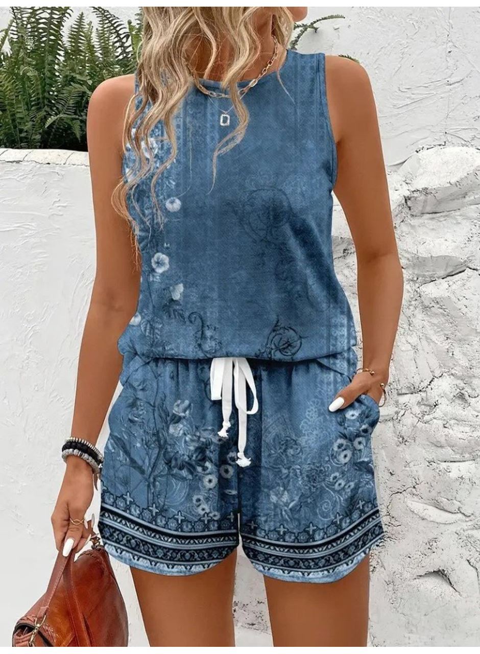 Kadın Askılı Yuvarlak Yaka çiçek Baskılı Süprme Bluz Ve Short Ikili Takım