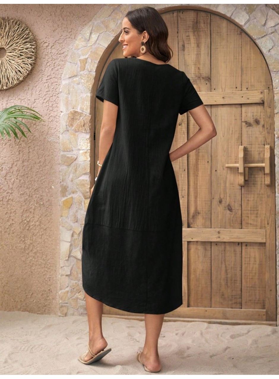 Kadın Kısa Kollu Bisiklet Yaka Düğme Detay Müslim Elbise