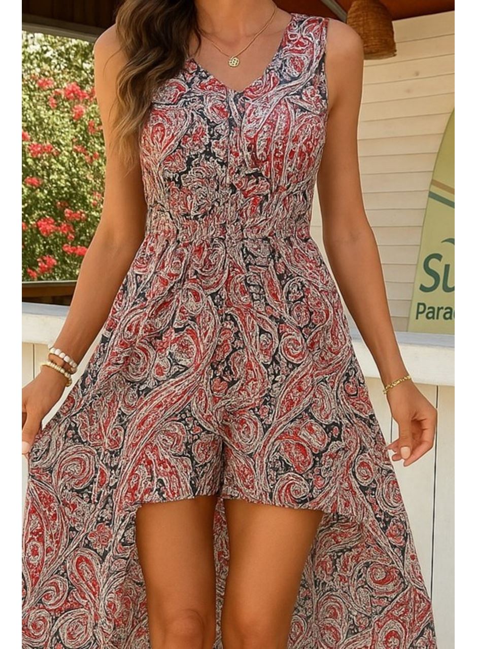 Kadın Kolsuz V Yakalı Desenli Süprem Tulum Elbise