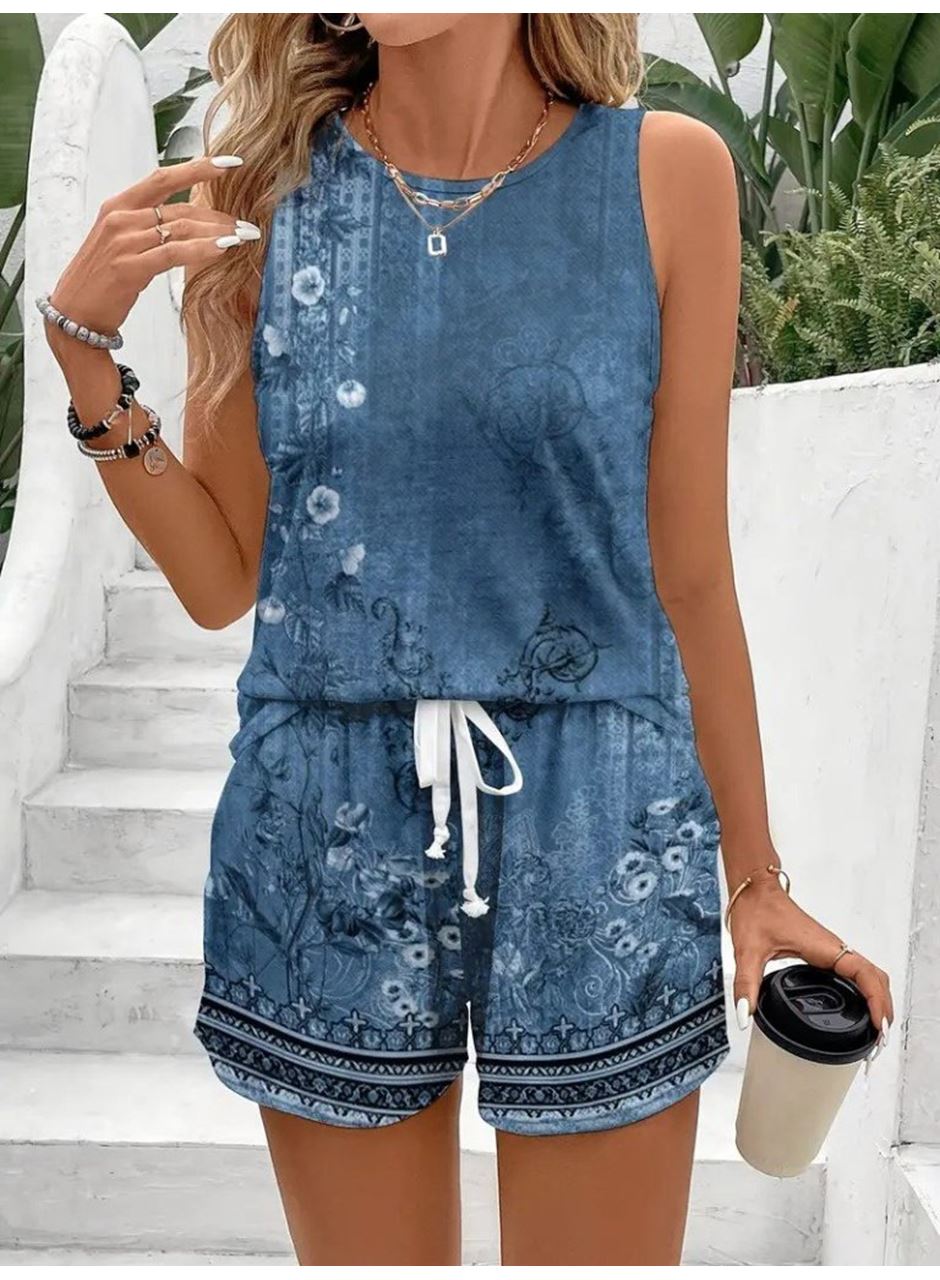 Kadın Askılı Yuvarlak Yaka çiçek Baskılı Süprme Bluz Ve Short Ikili Takım