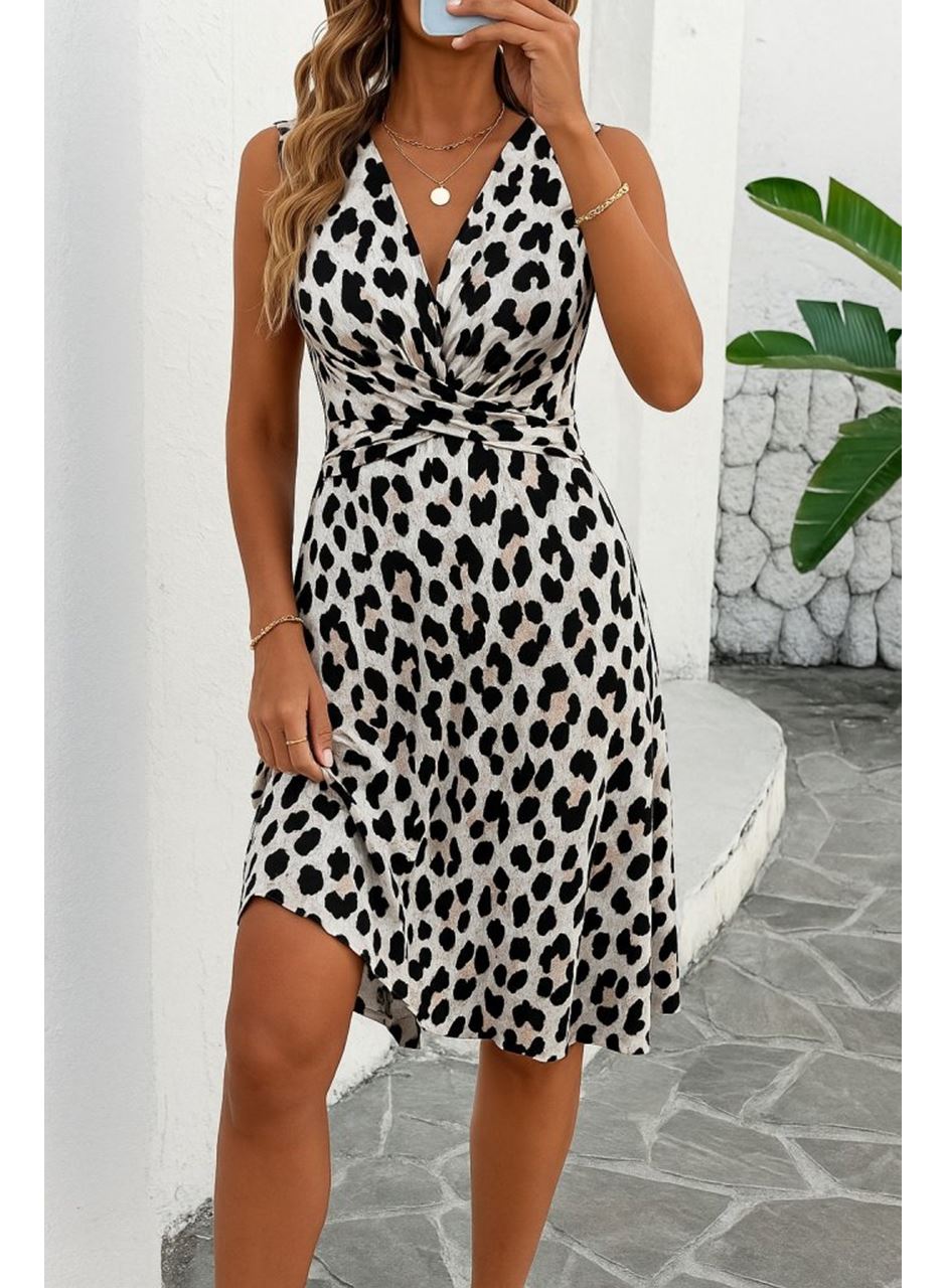 Kadın Sıfır Kollu önden çapraz Detaylı Leopar Desenli Süprem Elbise