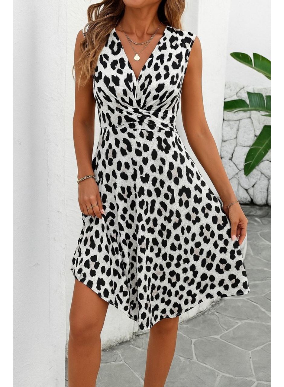 Kadın Sıfır Kollu önden çapraz Detaylı Leopar Desenli Süprem Elbise