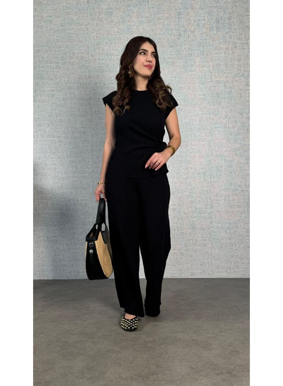 Kadın Kısa Kollu Bisiklet Yaka Yandan Bağlamalı Bürümcük Bluz Ve Pantolon Ikili Takım