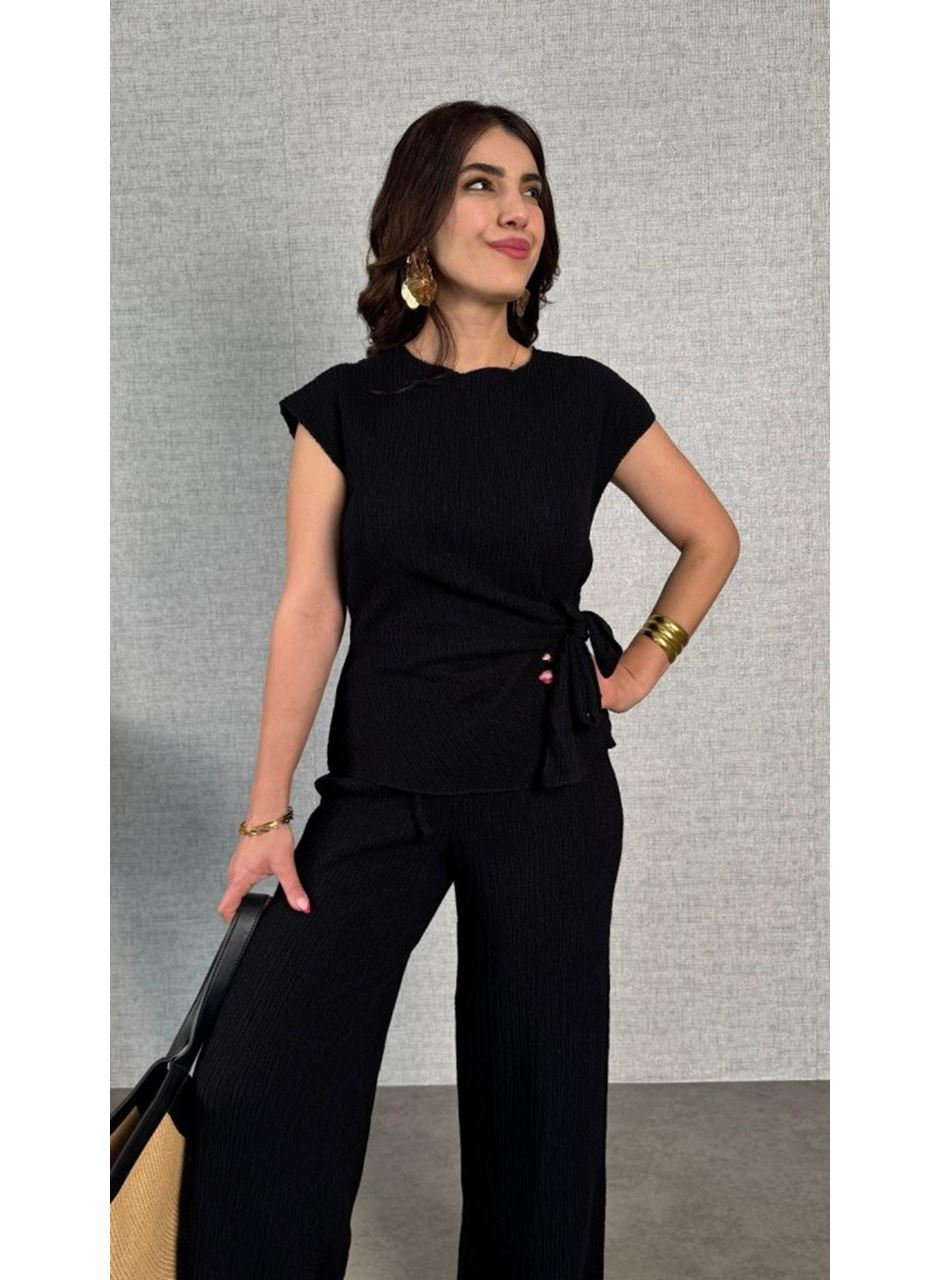 Kadın Kısa Kollu Bisiklet Yaka Yandan Bağlamalı Bürümcük Bluz Ve Pantolon Ikili Takım