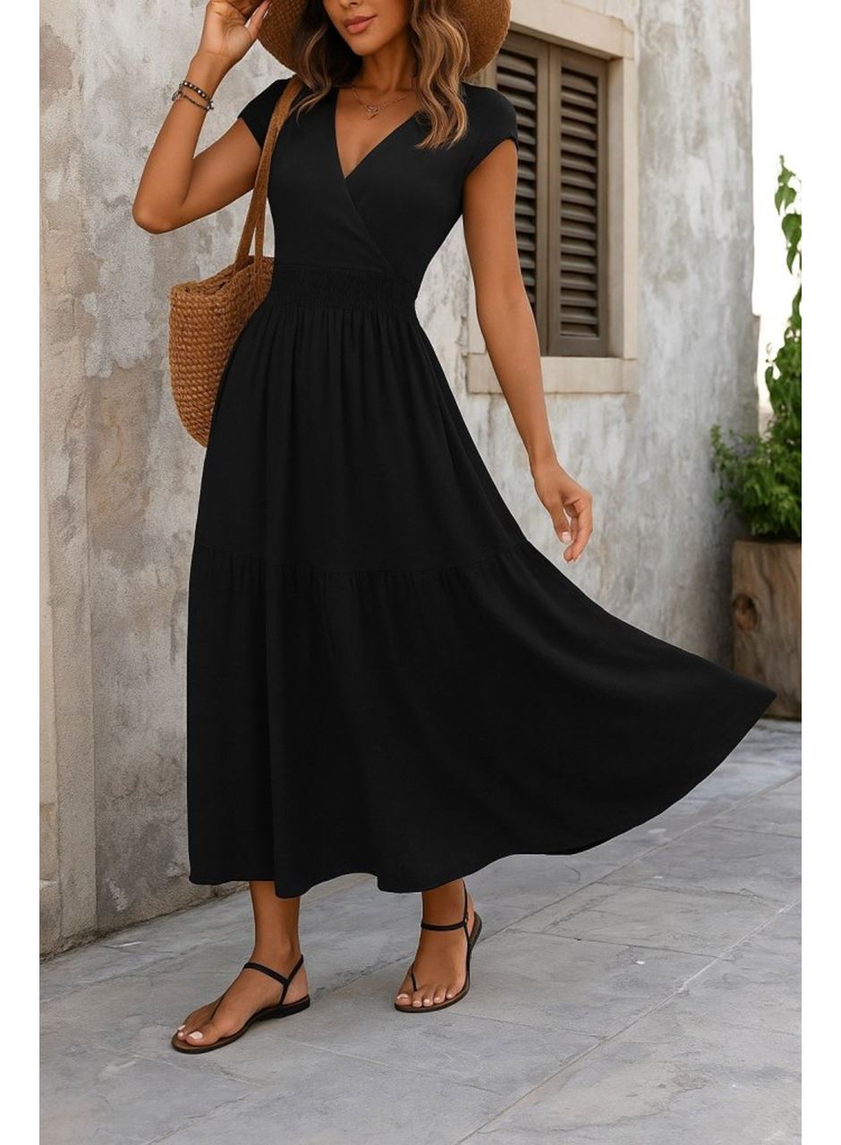 Kadın Kısa Kollu Kruvaze Yaka Beli Lastikli Süprem Maksi Boy Elbise