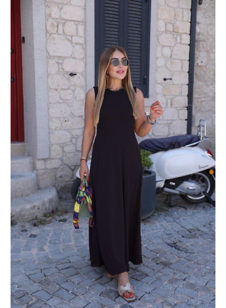 Kadın Sıfır Kollu Bisiklet Yaka Viskon Elbise