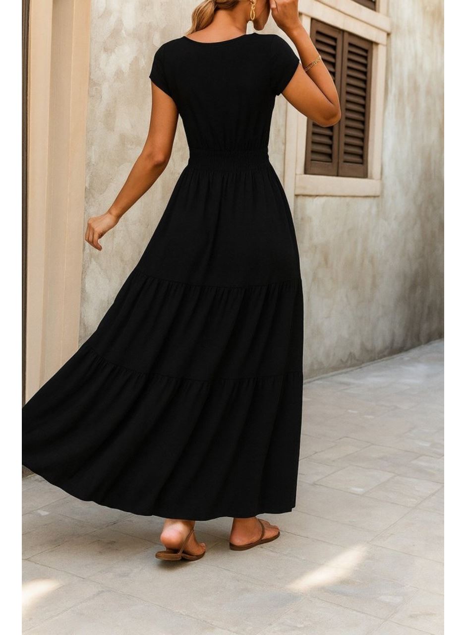 Kadın Kısa Kollu Kruvaze Yaka Beli Lastikli Süprem Maksi Boy Elbise