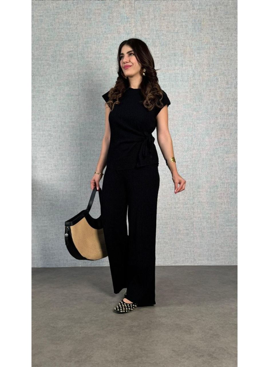 Kadın Kısa Kollu Bisiklet Yaka Yandan Bağlamalı Bürümcük Bluz Ve Pantolon Ikili Takım