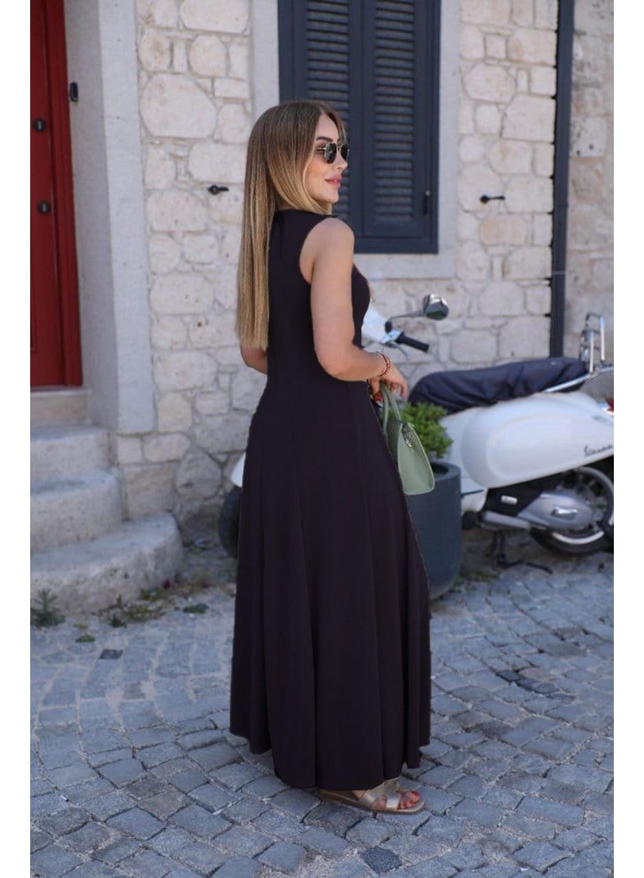 Kadın Sıfır Kollu Bisiklet Yaka Viskon Elbise