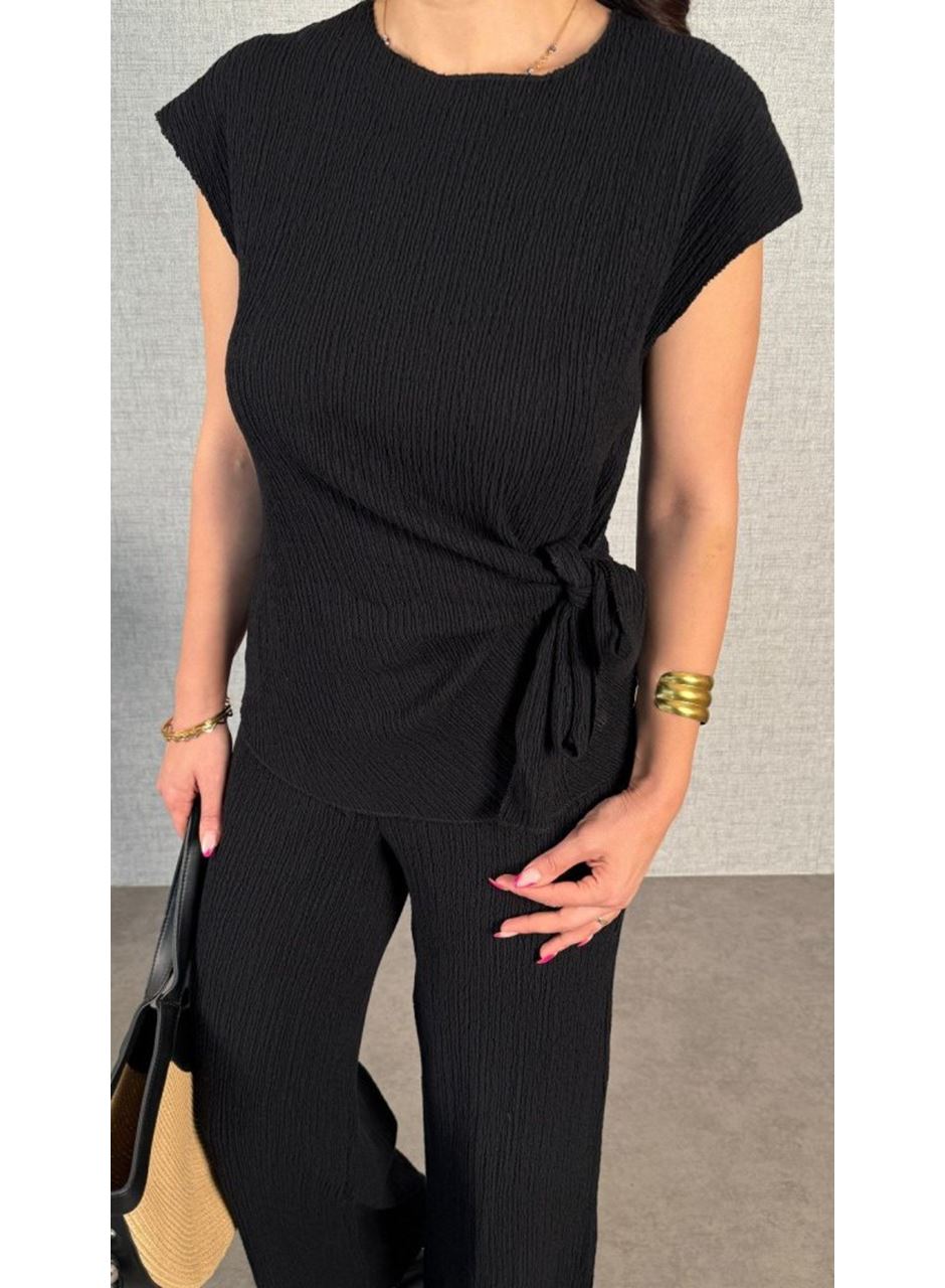 Kadın Kısa Kollu Bisiklet Yaka Yandan Bağlamalı Bürümcük Bluz Ve Pantolon Ikili Takım