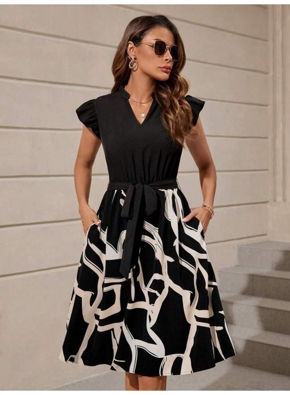 Kadın Kısa Kollu V Yakalı üst Janjan Krep Alt Desenli Süprem Mini Elbise