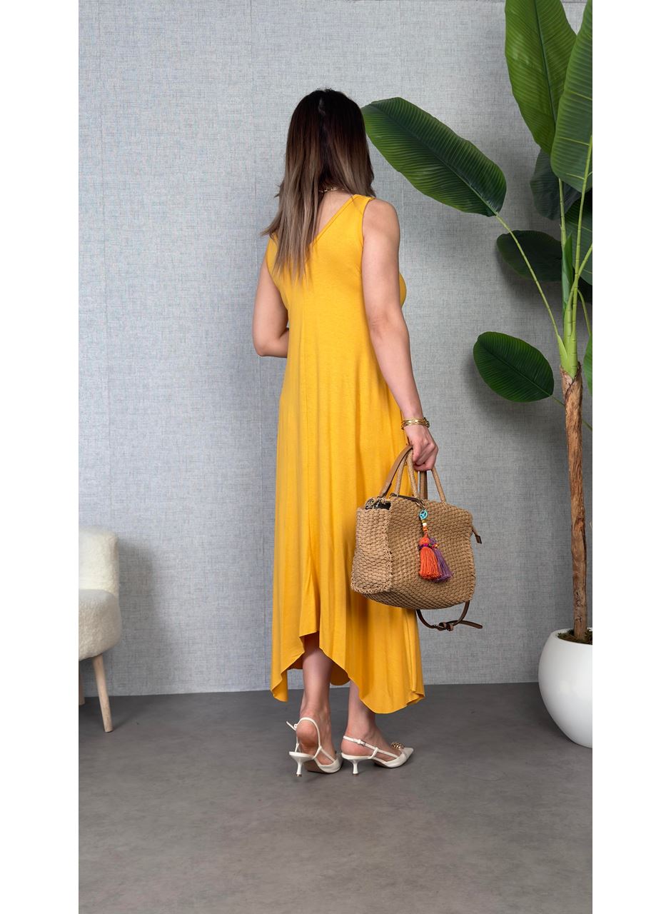 Kadın çan Dokuma Kumaş V Yaka Asimetrik Kesim Elbise