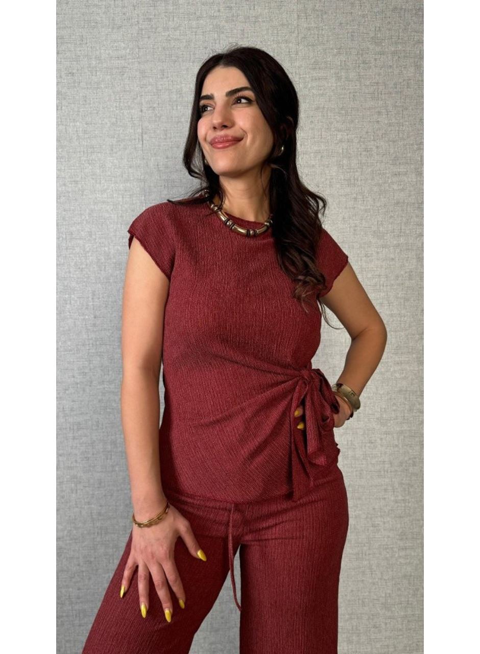 Kadın Kısa Kollu Bisiklet Yaka Yandan Bağlamalı Bürümcük Bluz Ve Pantolon Ikili Takım