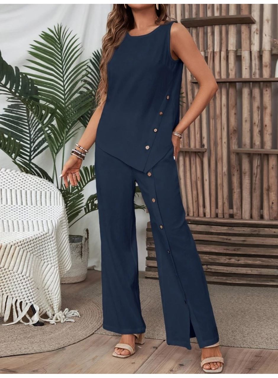 Kadın Kolsuz Düğmeli Asimetrik Detaylı Bürümcük Bluz Ve Pantolon Takım