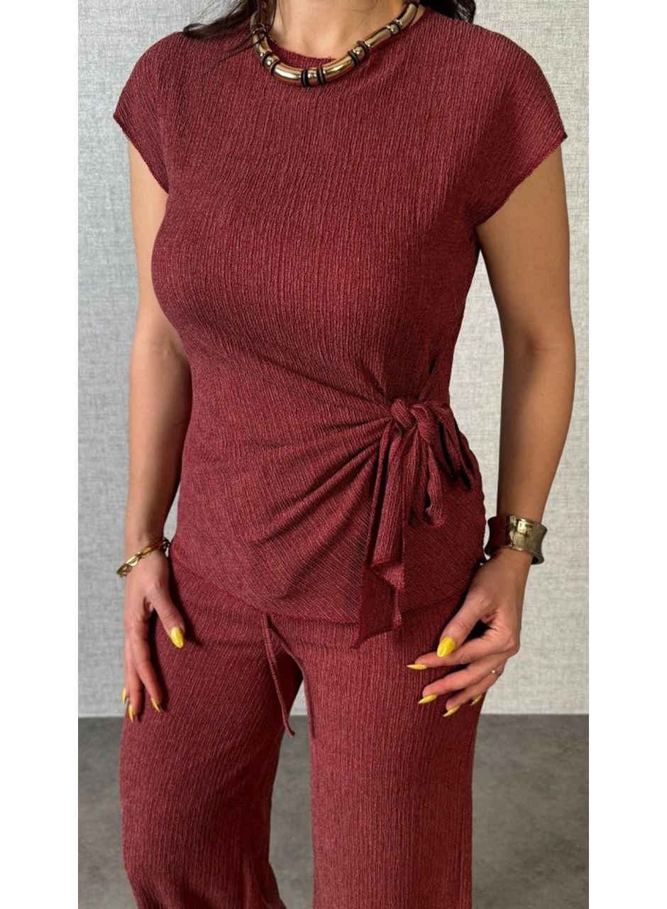 Kadın Kısa Kollu Bisiklet Yaka Yandan Bağlamalı Bürümcük Bluz Ve Pantolon Ikili Takım