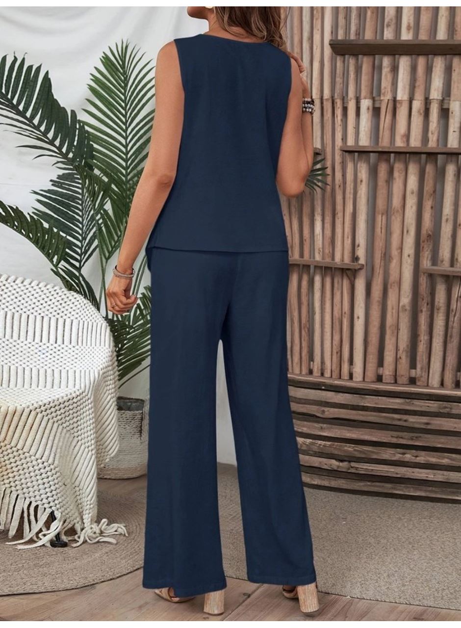 Kadın Kolsuz Düğmeli Asimetrik Detaylı Bürümcük Bluz Ve Pantolon Takım