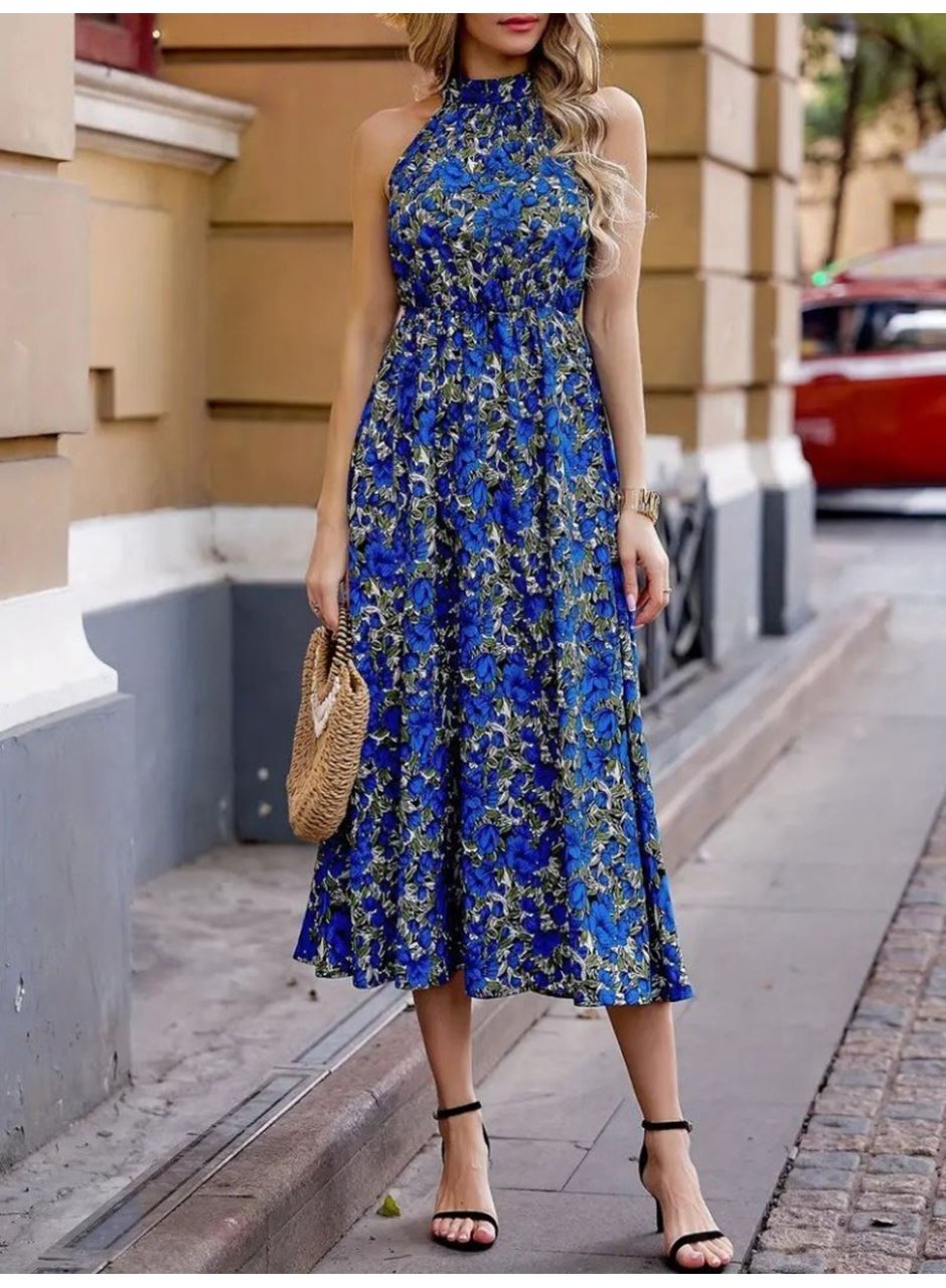 Kadın Omuzlardan Açık Daire Yaka Desenli Maxi Süprem Elbise