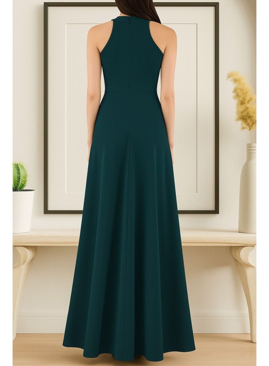 Kadın Kolsuz Halter Yaka Derin Yırtmaç Detaylı Tam Boy Ithal Krep Elbise